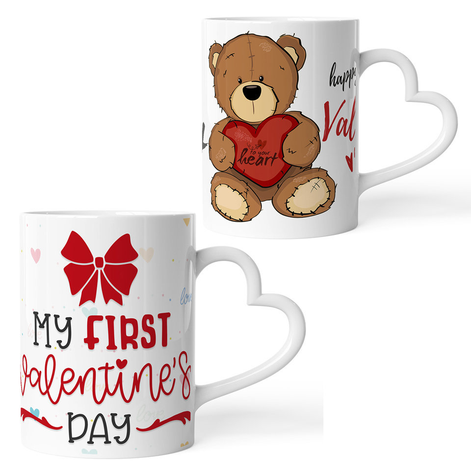 Printed Ceramic Coffee Mug | My First Valentine Day and To Your Heart  | Family | 325 Ml | Set of 2pcs Mug