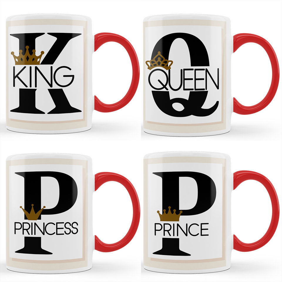 Printed Ceramic Coffee Mug | King Queen Prince Princes Red Gradient Background | Family | 325 Ml | 4 Pcs Mug Set 