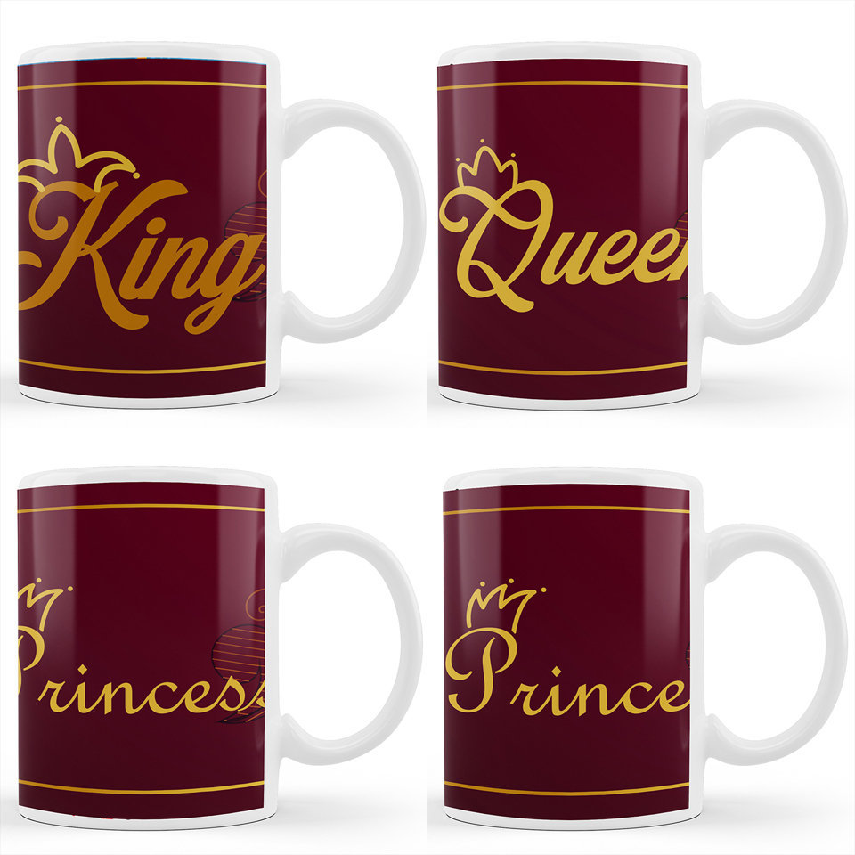 Printed Ceramic Coffee Mug | King Queen Prince Princes Red Gradient Background | Family | 325 Ml | 4 Pcs Mug Set 
